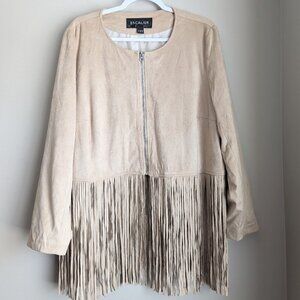 Escalier faux suede collarless fringe jacket